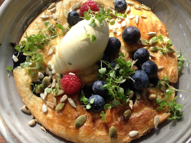 Ricotta hotcakes with blueberries, maple syrup, seeds and organic mascarpone - Top Paddock, Richmond