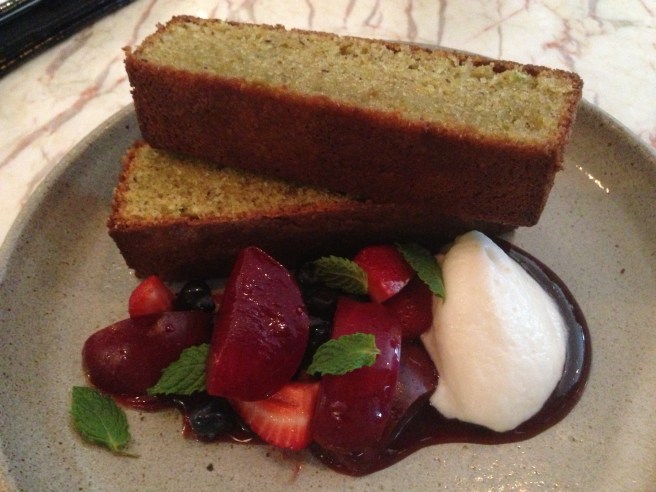Warm pistachio loaf, yoghurt mousse, blood plums, sour cherry and berries - Small Victories, Carlton North