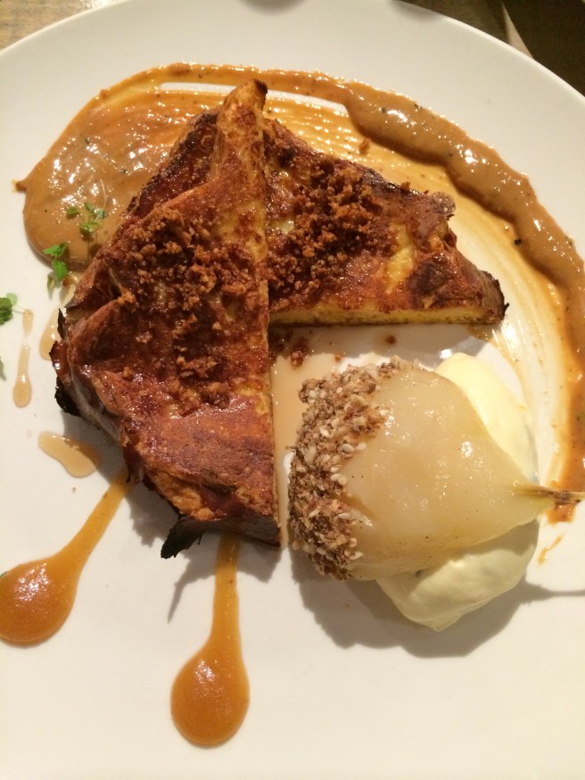Buttermilk French Toast & Spiced Pear with passionfruit creme, apple puree, peppered caramel, walnut praline - The Grain Store, Melbourne