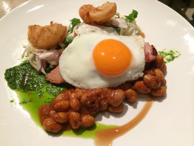 Ginger Beer Gammon Steak, Smoky Borlotti Beans with fried egg, nashi pear fritters, remoulade, salsa verde, apple vincotto - The Grain Store, Melbourne