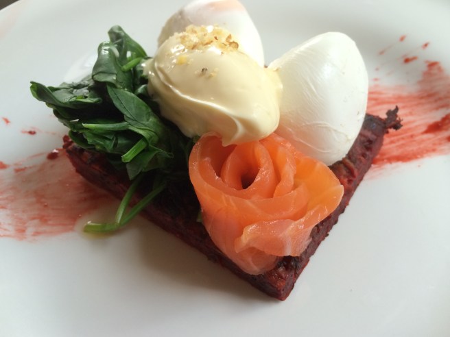 Sweet Potato & Beetroot Fritters with house-cured salmon carpaccio, spinach, horseradish & walnut cream served with two poached eggs - Two Lost Boys, Windsor