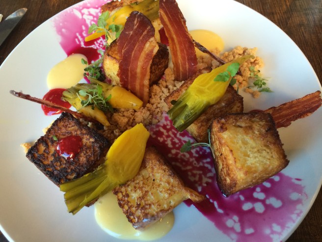 My PB and J; Brioche French Toast pieces served with peanut butter soil, sweetened beetroot, candied bacon, raspberry jelly and lemon curd - Breakfast Thieves, Fitzroy