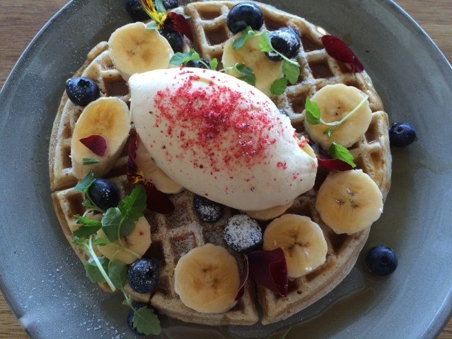Banana and blueberry wholemeal waffles, organic maple syrup, vanilla creme fraiche and strawberry dust - Touchwood, Richmond