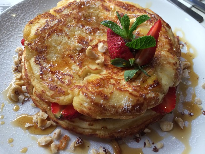 Nutella and banana pancakes - roasted hazlenuts, strawberries served with vanilla custard - The Meeting Place, South Yarra