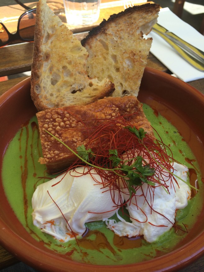 Pea & Ham - crisp roasted pork belly, poached free range eggs, green pea veloute served with sourdough toast - Two Little Pigs Charcuterie and Grind, Brunswick