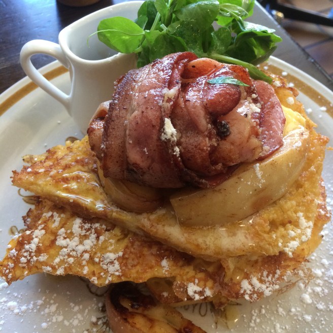 French toast with bacon, cinnamon baked apple, maple butter and maple syrup - Fandango, North Melbourne