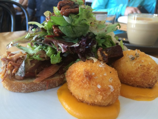 Crispy Eggs with sweet potato puree, ham hock, salad of fennel, radish, red onion and candied walnuts - Mr Hendricks Cafe, Balwyn