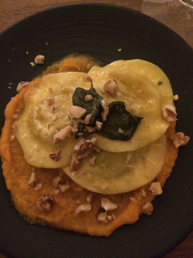 Ricotta and spinach cappellaccio, spiced pumpkin purée, crispy sage, burnt butter sauce and walnut crumb - ALDI Degustation Dinner