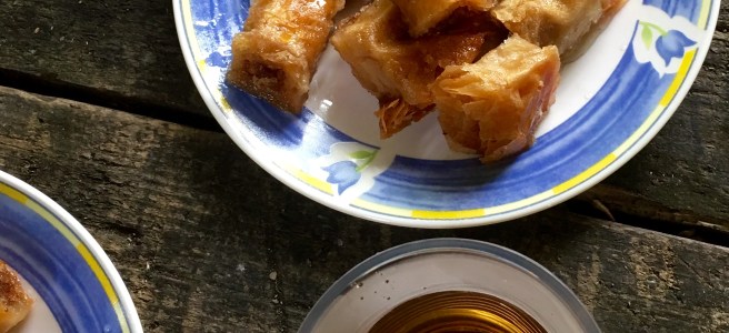 Homemade baklava and hot tea at Duf waterfall - Real Food Adventure Macedonia and Montenegro