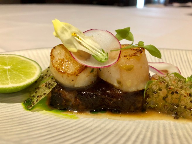 Japanese Scallops, braised pork belly, pistachio, carrot puree, caviar - Busbys Restaurant and Bar, Highett